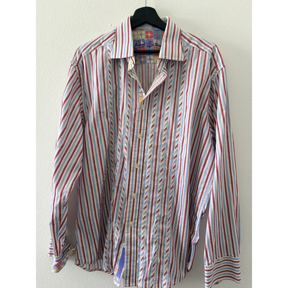 Robert Graham Men's Button Down Shirt 2XL Blue Red Stripe Geometric Cuff